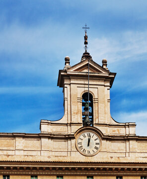 This is the Montecitorio clock and bell tower designed by architect Carlo Fontana in the 17th century, which serves as the seat of the Italian Chamber of Deputies, Rome, Italy, Europe 