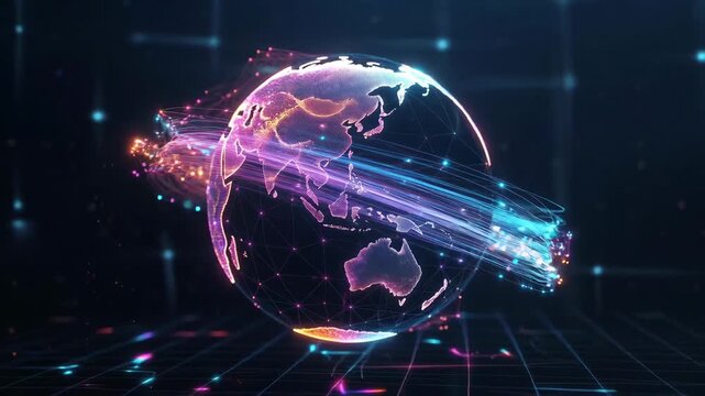 Glowing digital globe with neon lines in futuristic style on dark background, concept of global connectivity and data flow