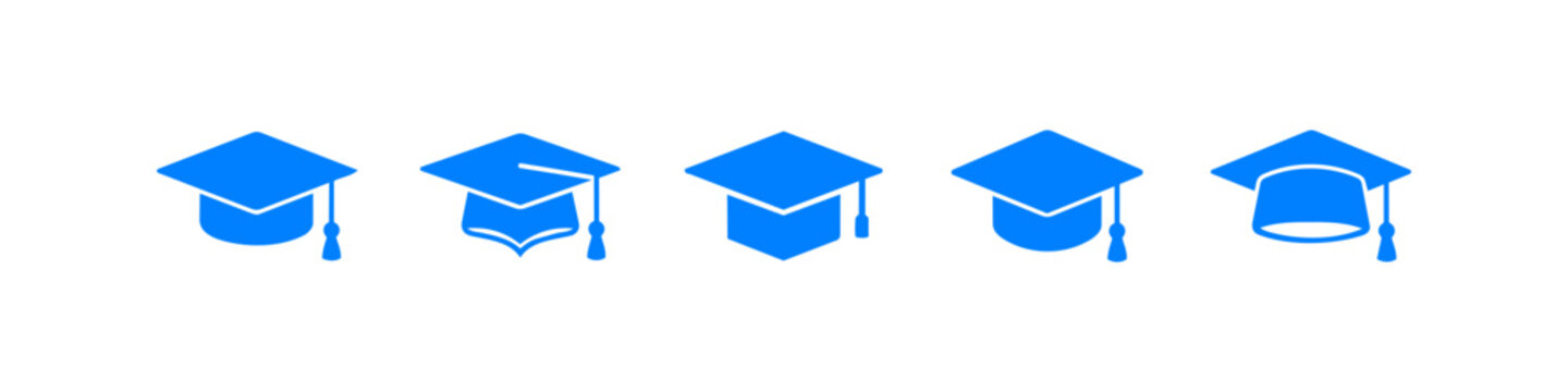 A set of five blue graduation cap icons in various styles isolated on a white background. Academic mortarboards representing education, university success, and commencement ceremonies.