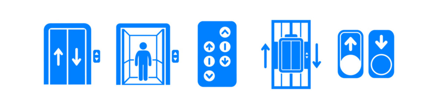 Set of blue elevator icons featuring doors, control panels, call buttons, and lift car in shaft. Ideal for signage, architectural layouts, and wayfinding diagrams. Isolated on white background.