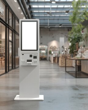 Self-service kiosk with blank touchscreen in modern retail store interior