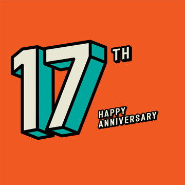 3d number 17st with happy anniversary text on orange background. Editable corol and vector.