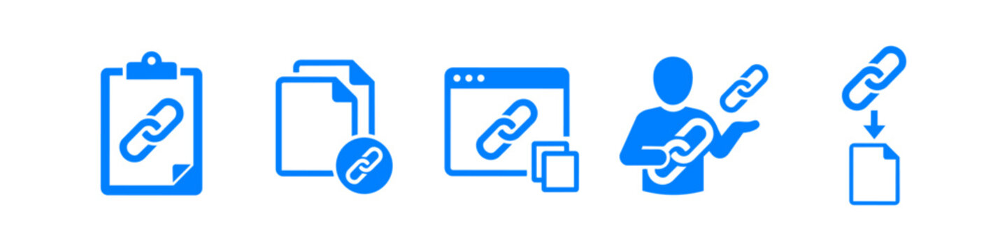 Set of blue vector icons representing hyperlink concepts, SEO backlink strategies, URL sharing, data connectivity, and digital file attachments for web development and internet marketing.