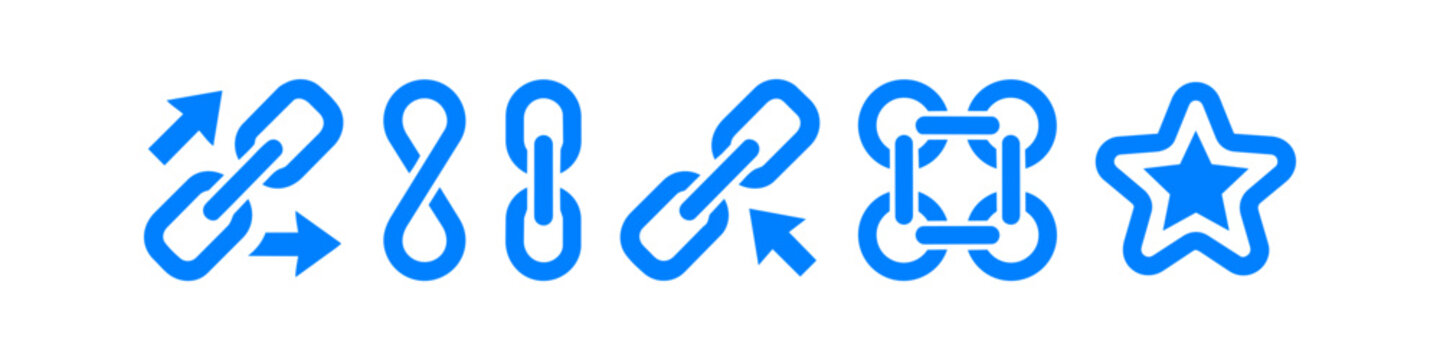 Set of blue minimalist vector icons representing connectivity, linking, networking, and digital interaction. Includes chain links, infinity loop, cursor pointer, and star rating symbol.