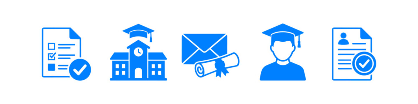 Set of blue education icons on white background, featuring a school building, graduate student, diploma, application form, and checklist. Perfect for academic success and admission concepts.