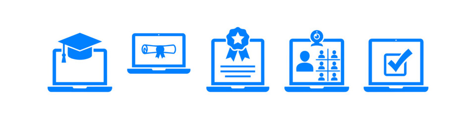 Set of blue online education and e-learning icons featuring laptops with graduation caps, diplomas, certificates, video conferencing, and test results for digital training concepts. © Trends