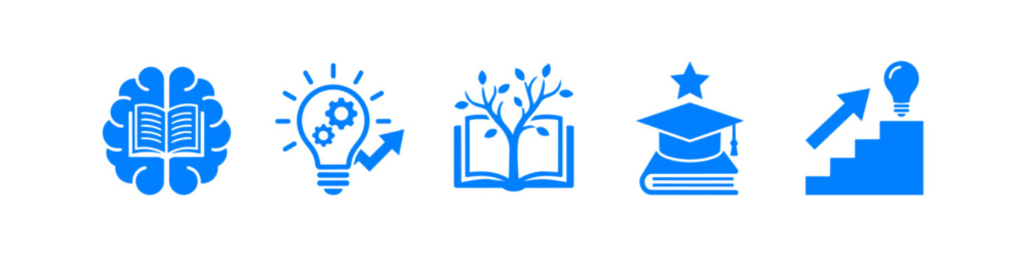 Set of blue education and personal growth icons including a brain with a book, an idea bulb, a knowledge tree, a graduation cap, and a career staircase. Ideal for learning and business concepts.