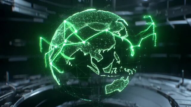 Glowing digital globe showing network links in neon style on dark background, concept of global connectivity and technology