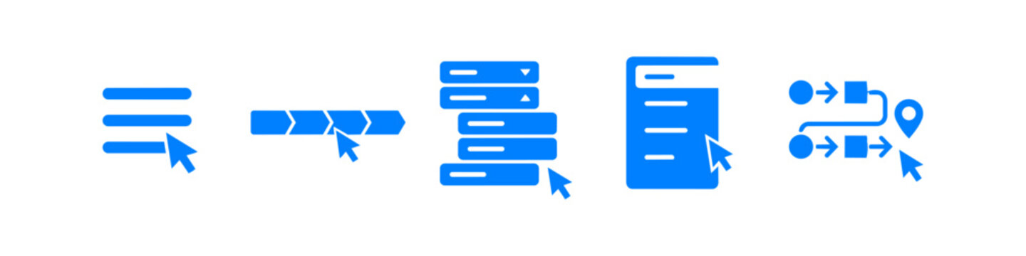 Set of blue minimalist UI/UX icons representing web navigation, process steps, and workflow diagrams with mouse cursors. Ideal for website design and app development themes.