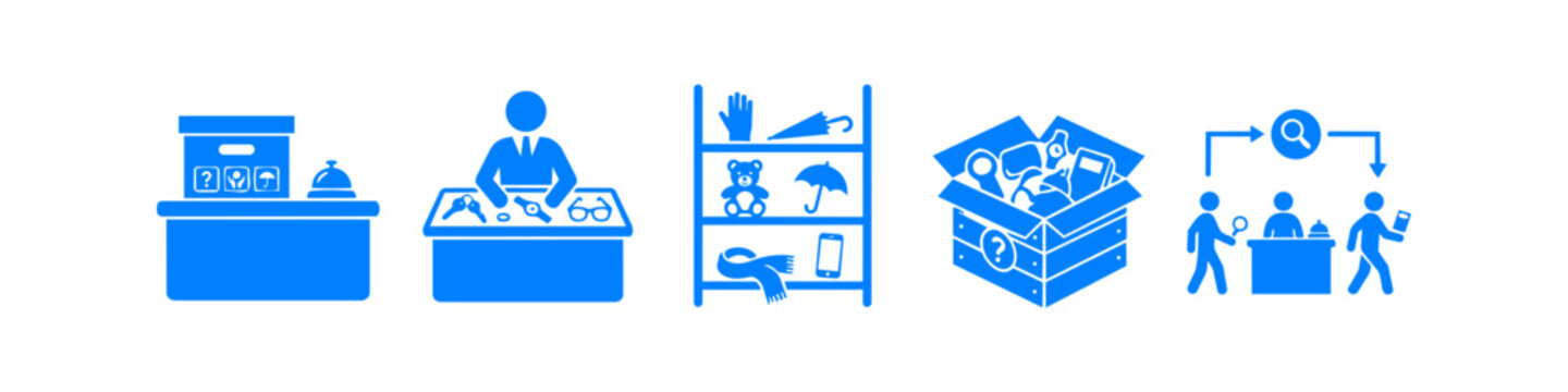 Blue minimalist icons representing lost and found services, including storage shelves, retrieval desks, and item processing. Ideal for signage, apps, and customer service information.