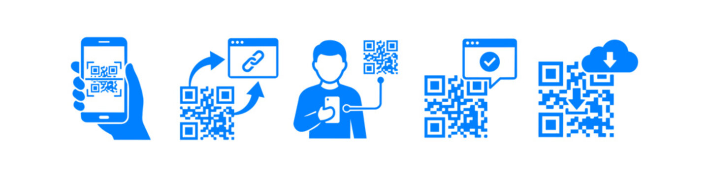 Blue flat vector icons set illustrating QR code scanning, link redirection, user verification, and cloud data download using a smartphone. Modern digital technology concept.