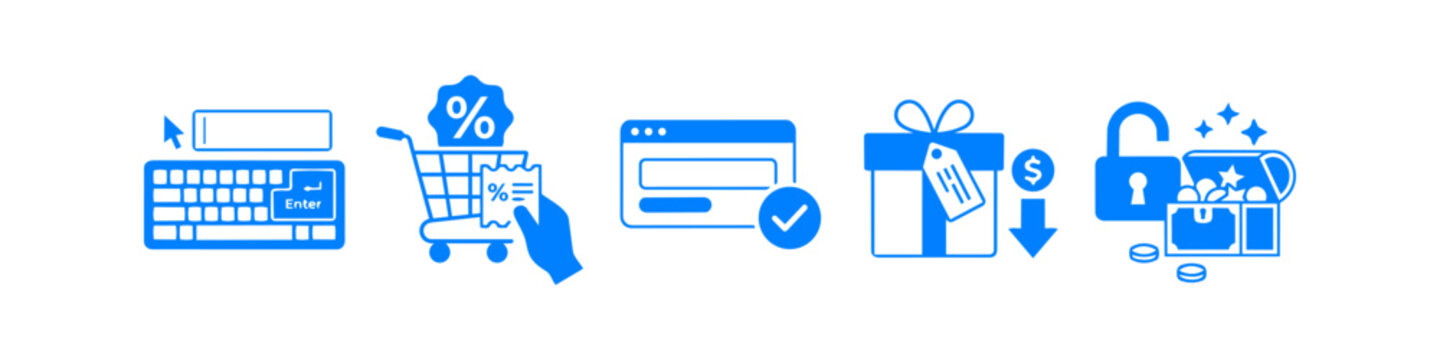 Set of blue e-commerce and digital marketing icons including a keyboard, shopping cart with discounts, web browser, gift box with price drop, and an unlocked treasure chest for online sales.