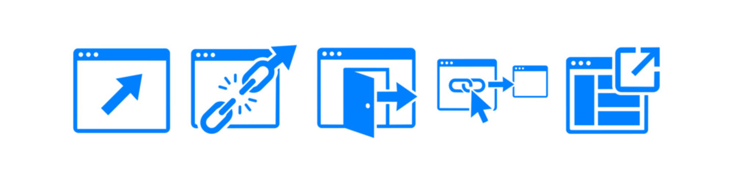 Set of blue vector icons representing external links, web redirects, and browser navigation, featuring arrows, chains, doors, and cursors on white backgrounds.