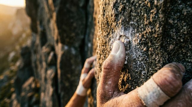 Close-up of Climbers Hands Gripping Rock Face, Outdoor Adventure.