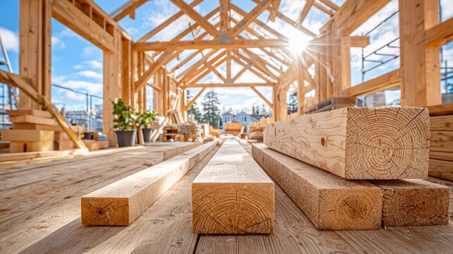 Wooden beams line a bright construction site. Sunlight streams through open rafters. Fresh lumber rests on a wooden floor. Blue sky peeks through exposed framing