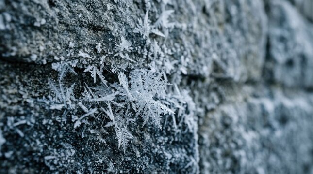 Close-up view of frost crystals forming on a weathered stone wall surface.