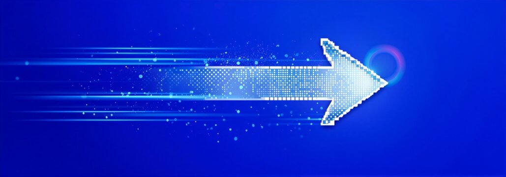 Futuristic Glowing Pixel Arrow On Blue Background
