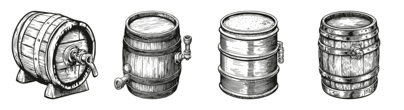 Hand-Drawn Vintage Wooden Barrels for Bakery and Brewery Design, vector illustration, engraving design, logo design set, black and white line, template design element