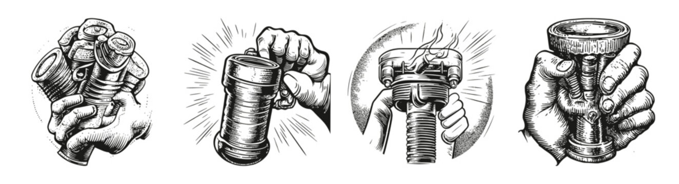 Hands Holding Various Flashlights in Engaging Illustrative Styles, vector illustration, engraving design, logo design set, black and white line, template design element