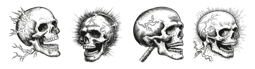 Obraz premium Detailed Lightning Skull Tattoo Illustrations with Fire Elements, vector illustration, engraving design, logo design set, black and white line, template design element