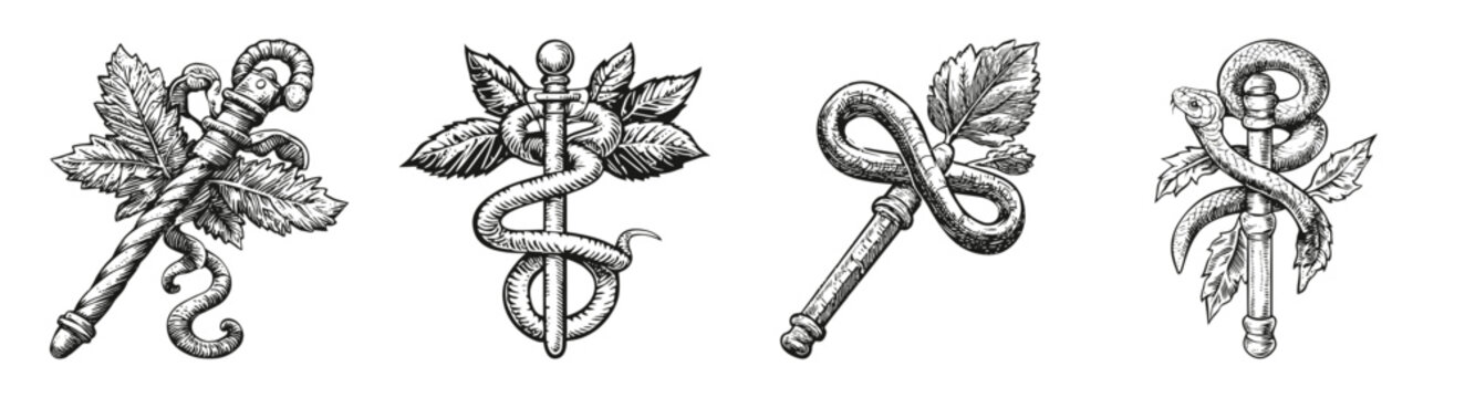 Serpent and Staff Symbols for Medical and Health Icons, vector illustration, engraving design, logo design set, black and white line, template design element