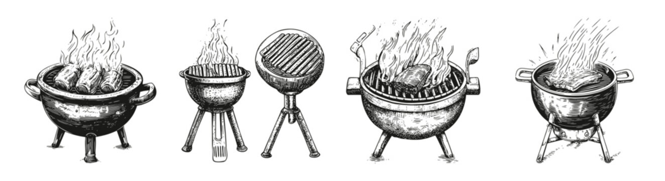 Various Barbecue Grills with Flames and Cooking Meat Illustrations, vector illustration, engraving design, logo design set, black and white line, template design element