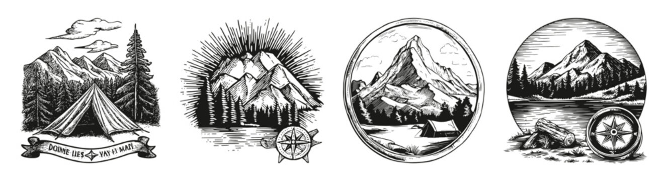 Vintage Outdoor Adventure Patch with Compass and Mountain Illustrations, vector illustration, engraving design, logo design set, black and white line, template design element