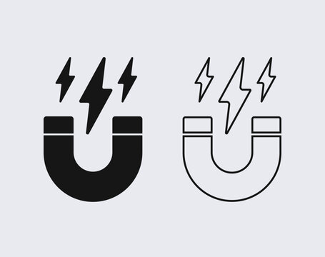 Vector illustration of a magnet with lightning bolts set of linear and solid icons. Cartoon minimal style magnet