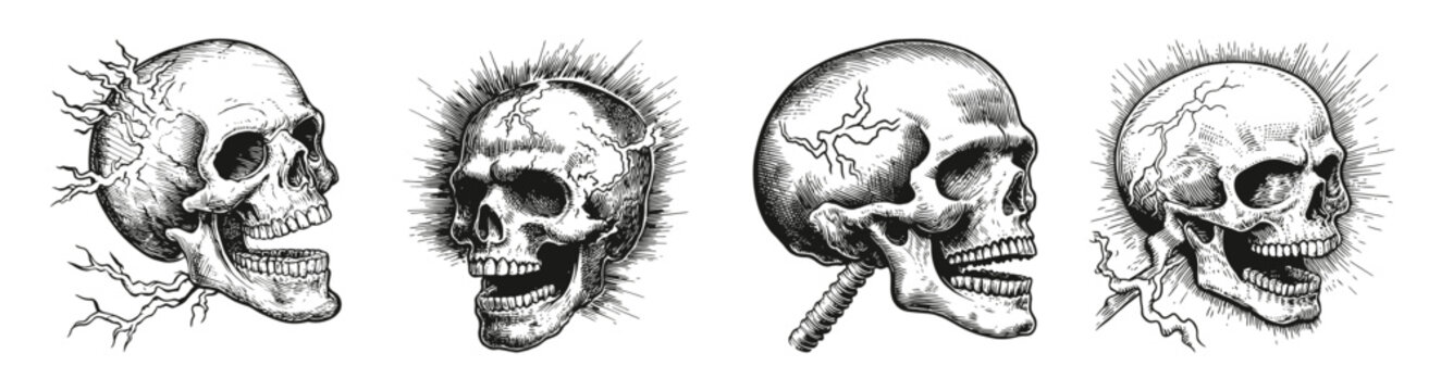 Detailed Lightning Skull Tattoo Illustrations with Fire Elements, vector illustration, engraving design, logo design set, black and white line, template design element