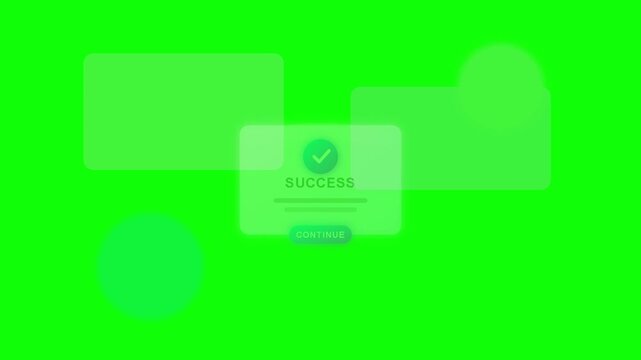 Animated glassmorphism success pop up window on green screen background. Modern user interface confirmation alert with a checkmark icon and continue button loop asset.