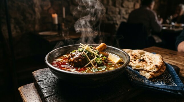 Steaming Hot Traditional Beef Nihari Curry Served with Naan Bread