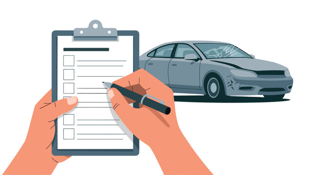 Human hands hold a clipboard and pen to record vehicle damage while a grey car with a smashed windshield sits in the background of this flat vector illustration.