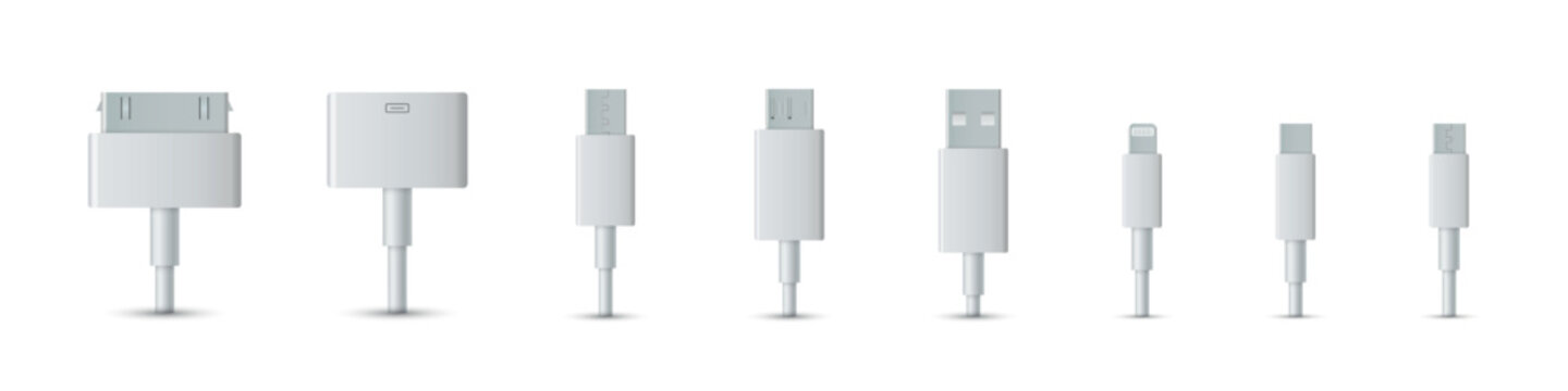 Charging cable types set, realistic vector illustration.
