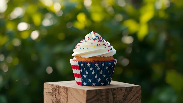 A solitary cupcake with white swirled frosting and red, white, and blue sprinkles is presented on a wooden cube against a blurred green outdoor background, symbolizing celebration.