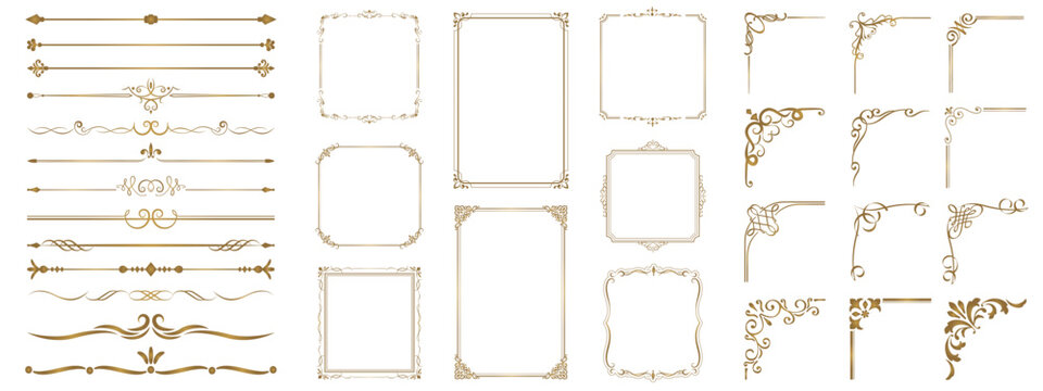 Premium collection of vintage ornamental corners, elegant frames and decorative line dividers for luxury branding, invitations and editorial layouts.