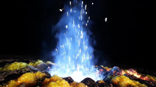 Sparkling Blue Flames Erupting from Molten Yellow Substance Against a Dark Background