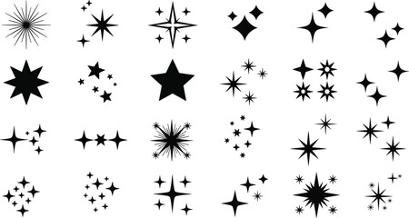 Fototapeta premium Black Sparkle and Starburst Icon Set with Minimalist Twinkle Shapes and Glitter Symbols for Elegant UI Design, Festive Branding, and Decorative Logo Accents