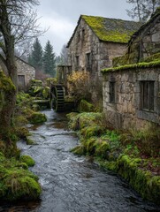 Obraz premium Historic mossy stone watermill with stream showcasing renewable energy on an overcast day