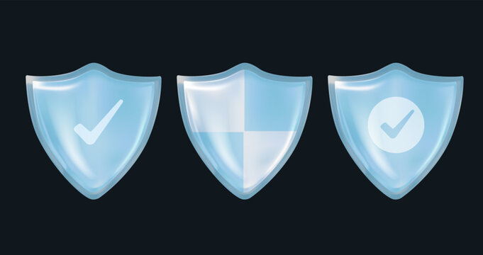 3D vector shield check mark icon for security and protection. Shield glass minimal symbol for cybersecurity dashboards