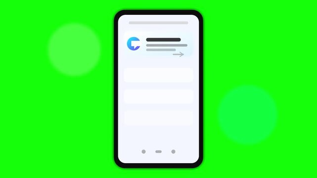 Animated smartphone with glassmorphism push notification on green screen. Modern mobile app user interface card sliding out from screen frame mockup in a seamless loop.