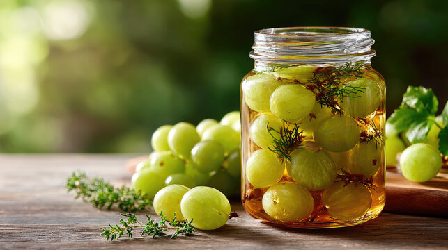Pickled green grapes soaking in tangy vinegar brine with fresh dill and thyme in a glass jar on a rustic wooden table beside grapes and herbs, summer gourmet snack