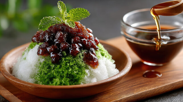 Japanese kakigori presenting a refreshing summer dessert with fluffy shaved ice, vibrant matcha syrup, sweet red beans, and green mint, served with kuromitsu syrup
