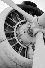 Monochrome photograph of a historic aircraft engine and propeller showcasing aviation technology and mechanical craftsmanship. © Alejandro