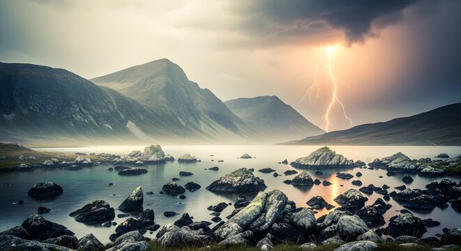 Dramatic lightning strike over a rugged mountain lake during a storm