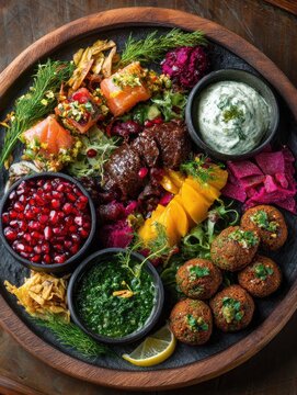 Festive Georgian phali platter with assorted appetizers in green, red, and purple overhead view