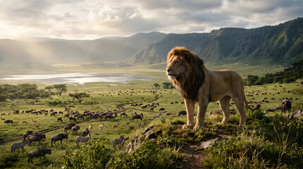 Obraz premium Lion king of savanna with herd of wildebeest and zebras