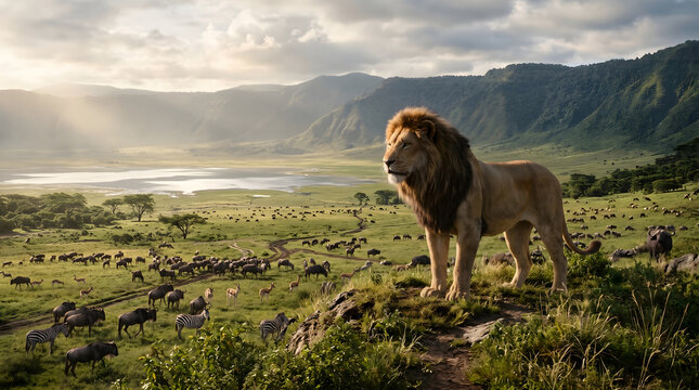 Lion king of savanna with herd of wildebeest and zebras