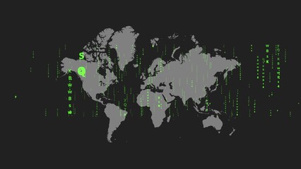 Naklejka premium Green digital code streams downward across a grey world map set on a dark background. This shows global data exchange, digital communication, and internet connectivity spanning all continents