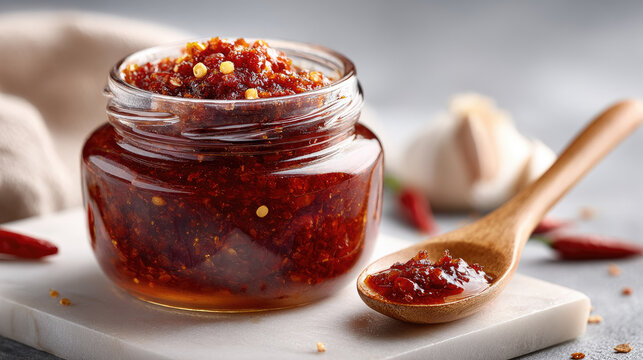 Chili crisp condiment in a glass jar, showing its spicy and crunchy texture, with a wooden spoon holding a dollop, preparing to add rich umami flavor to a dish