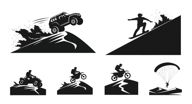 Extreme sports icons set, black silhouettes of off-road racing, motorbike and paraglider in action